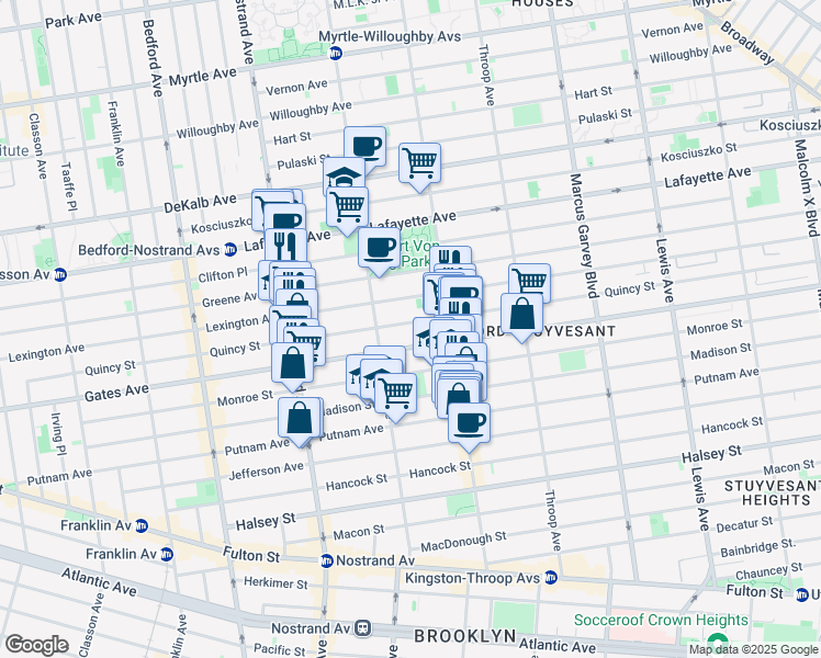 map of restaurants, bars, coffee shops, grocery stores, and more near 339 Quincy Street in Brooklyn