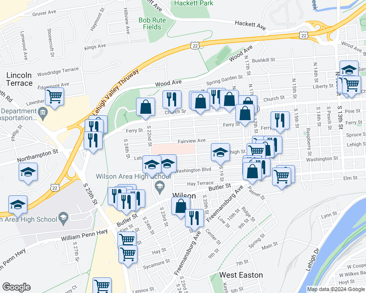map of restaurants, bars, coffee shops, grocery stores, and more near 2000 Fairview Avenue in Easton