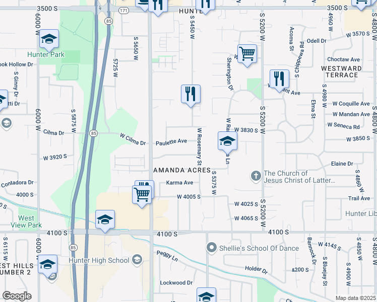 map of restaurants, bars, coffee shops, grocery stores, and more near 5465 Paulette Avenue in West Valley City