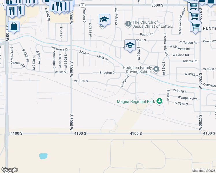 map of restaurants, bars, coffee shops, grocery stores, and more near 3869 Consiline Avenue in Magna