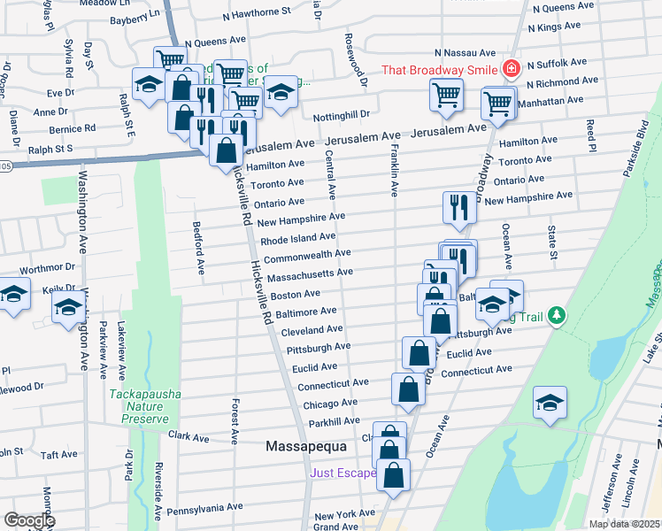 map of restaurants, bars, coffee shops, grocery stores, and more near 649 Central Avenue in Massapequa