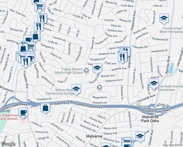 map of restaurants, bars, coffee shops, grocery stores, and more near 750 Herman Avenue in Franklin Square