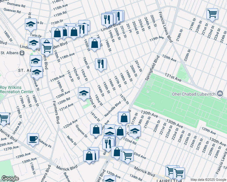 map of restaurants, bars, coffee shops, grocery stores, and more near 121-20 197th Street in Queens