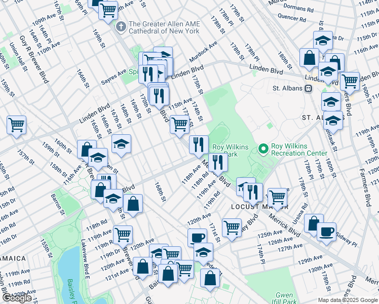 map of restaurants, bars, coffee shops, grocery stores, and more near 116-30 Merrick Boulevard in Queens