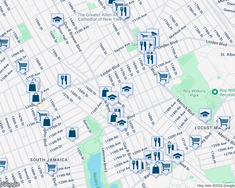 map of restaurants, bars, coffee shops, grocery stores, and more near 115-30 166th Street in Queens