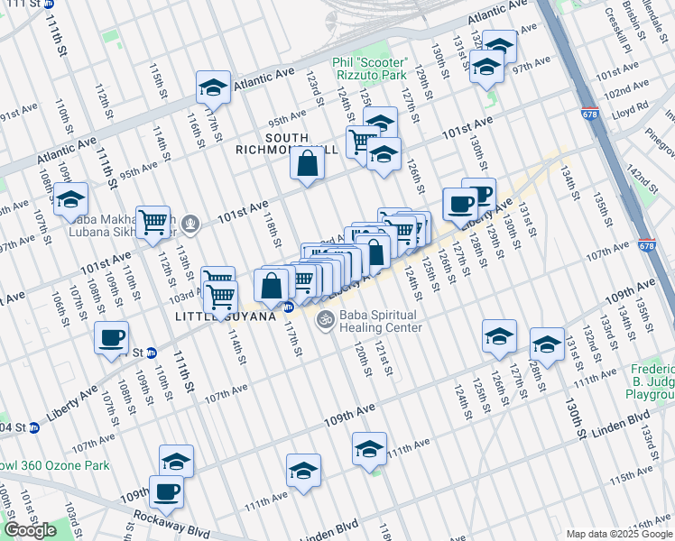 map of restaurants, bars, coffee shops, grocery stores, and more near 103-22 120th Street in Queens