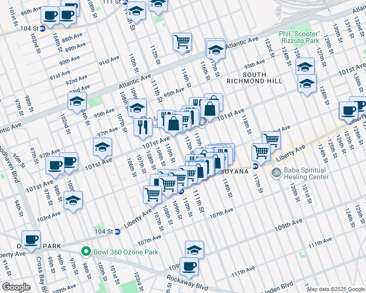 map of restaurants, bars, coffee shops, grocery stores, and more near 101-23 112th Street in Queens
