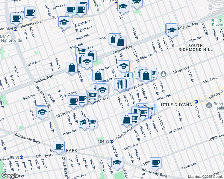 map of restaurants, bars, coffee shops, grocery stores, and more near 97-37 106th Street in Queens