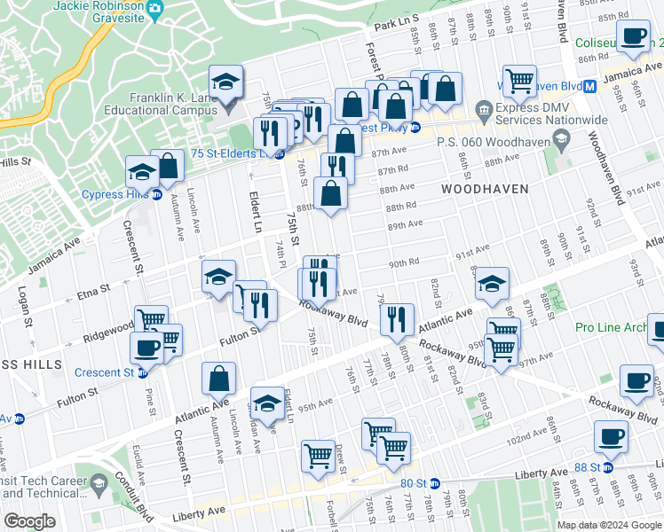 map of restaurants, bars, coffee shops, grocery stores, and more near 90-1 76th Street in Queens