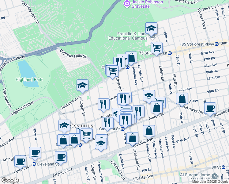 map of restaurants, bars, coffee shops, grocery stores, and more near 49 Euclid Avenue in Brooklyn