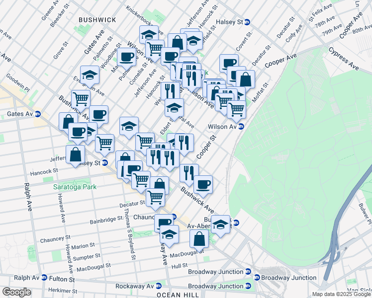 map of restaurants, bars, coffee shops, grocery stores, and more near 116 Schaefer Street in Brooklyn