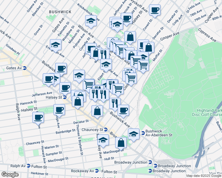 map of restaurants, bars, coffee shops, grocery stores, and more near 116 Schaefer Street in Brooklyn