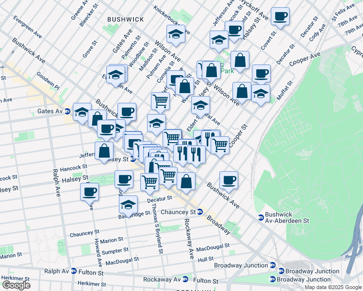 map of restaurants, bars, coffee shops, grocery stores, and more near 89 Eldert Street in Brooklyn