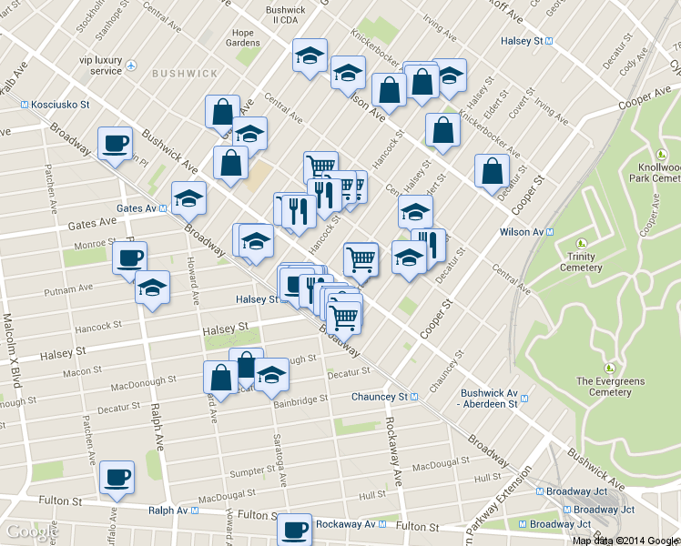 map of restaurants, bars, coffee shops, grocery stores, and more near 1259 Bushwick Avenue in Brooklyn