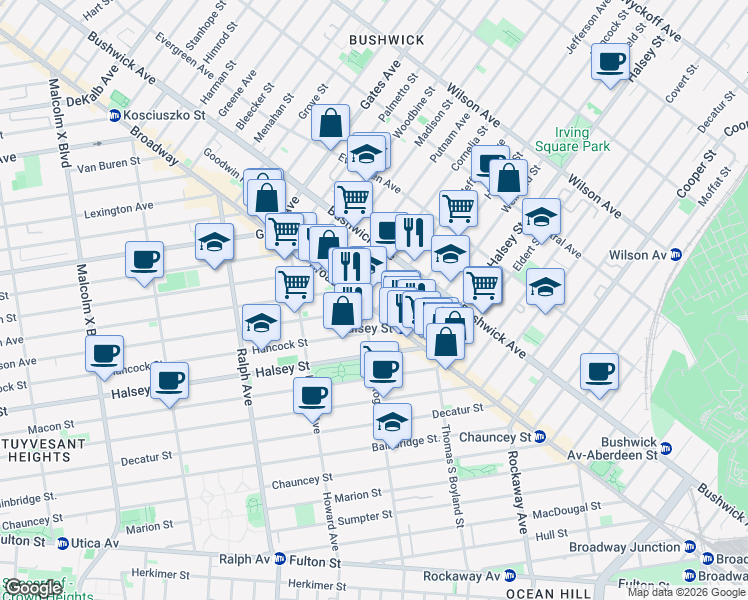 map of restaurants, bars, coffee shops, grocery stores, and more near 1045 Jefferson Avenue in Brooklyn