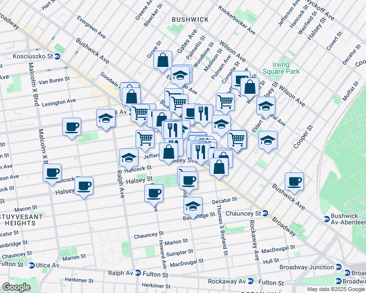 map of restaurants, bars, coffee shops, grocery stores, and more near 1045 Jefferson Avenue in Brooklyn