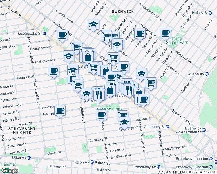 map of restaurants, bars, coffee shops, grocery stores, and more near 1485 Broadway in Brooklyn