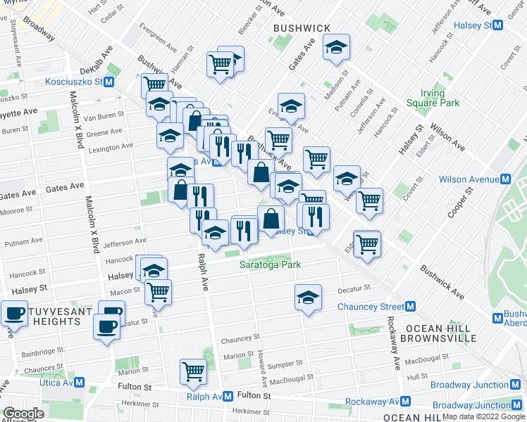 map of restaurants, bars, coffee shops, grocery stores, and more near 1021 Putnam Avenue in Brooklyn