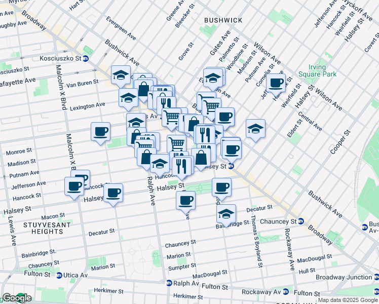 map of restaurants, bars, coffee shops, grocery stores, and more near 1021 Putnam Avenue in Brooklyn