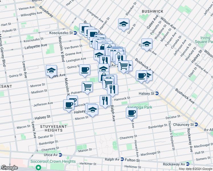 map of restaurants, bars, coffee shops, grocery stores, and more near 836 Madison Street in Brooklyn