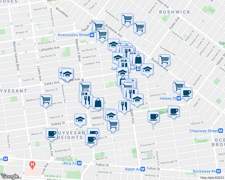 map of restaurants, bars, coffee shops, grocery stores, and more near 792 Madison Street in Brooklyn