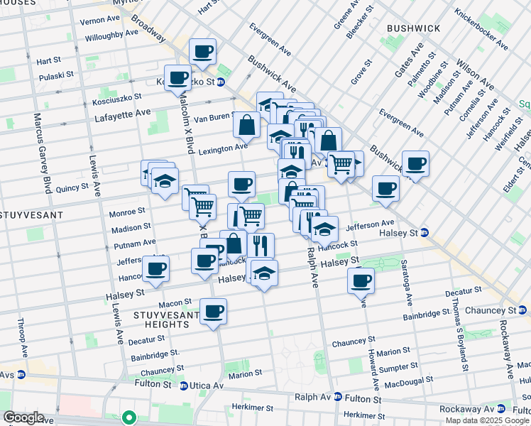 map of restaurants, bars, coffee shops, grocery stores, and more near 792 Madison Street in Brooklyn