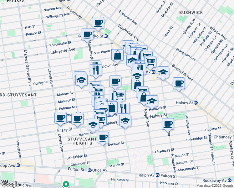map of restaurants, bars, coffee shops, grocery stores, and more near 729 Madison Street in Brooklyn