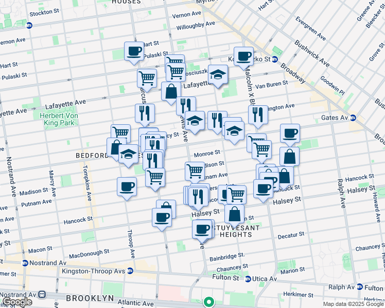 map of restaurants, bars, coffee shops, grocery stores, and more near 547 Monroe Street in Brooklyn