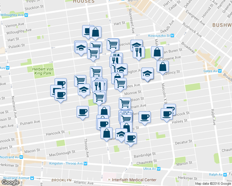 map of restaurants, bars, coffee shops, grocery stores, and more near 515 Monroe Street in Brooklyn