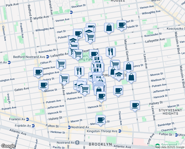 map of restaurants, bars, coffee shops, grocery stores, and more near 386 Quincy Street in Brooklyn