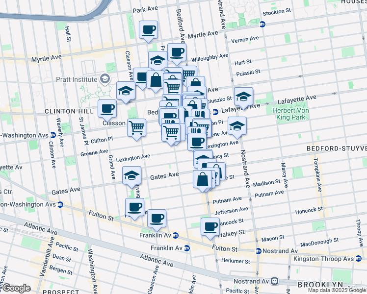 map of restaurants, bars, coffee shops, grocery stores, and more near 159 Lexington Avenue in Brooklyn
