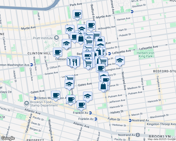 map of restaurants, bars, coffee shops, grocery stores, and more near 340 Greene Avenue in Brooklyn