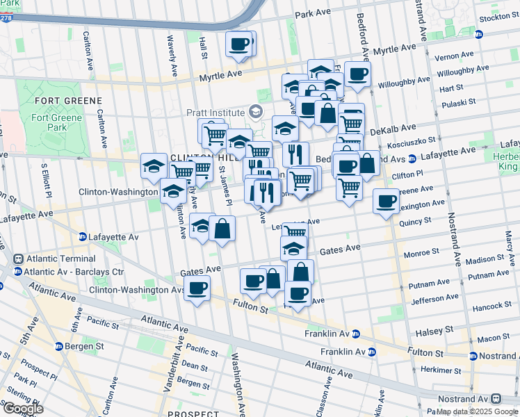 map of restaurants, bars, coffee shops, grocery stores, and more near 247 Greene Avenue in Brooklyn