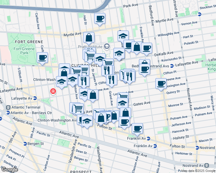map of restaurants, bars, coffee shops, grocery stores, and more near 30 Clifton Place in Brooklyn