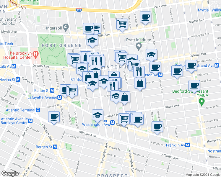 map of restaurants, bars, coffee shops, grocery stores, and more near 255 Lafayette Avenue in Brooklyn