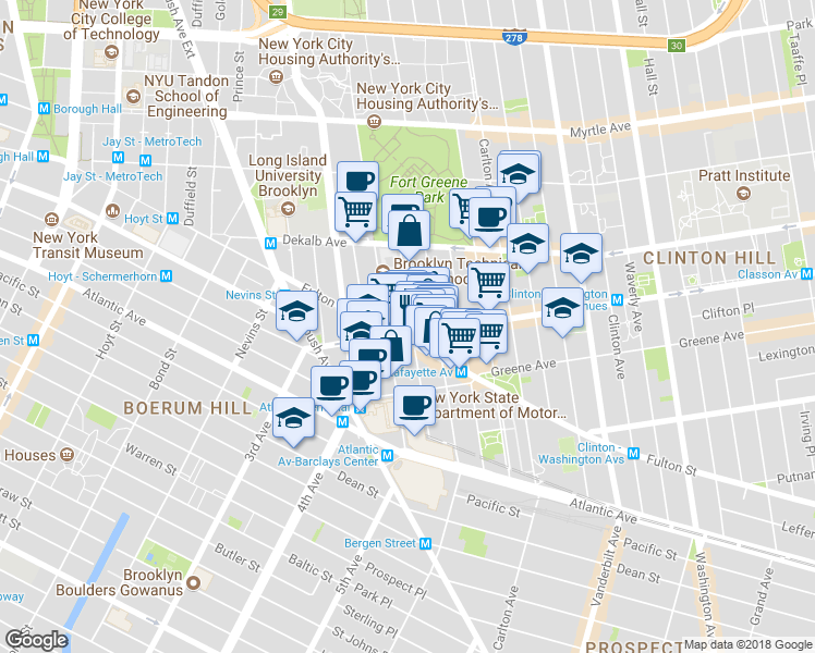 map of restaurants, bars, coffee shops, grocery stores, and more near 75 South Elliott Place in Brooklyn