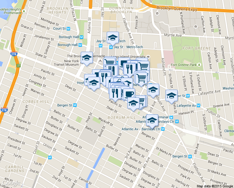 map of restaurants, bars, coffee shops, grocery stores, and more near 78 Bond Street in Brooklyn