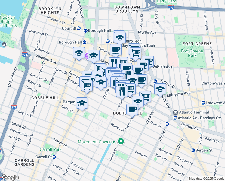 map of restaurants, bars, coffee shops, grocery stores, and more near 367 Atlantic Avenue in Brooklyn