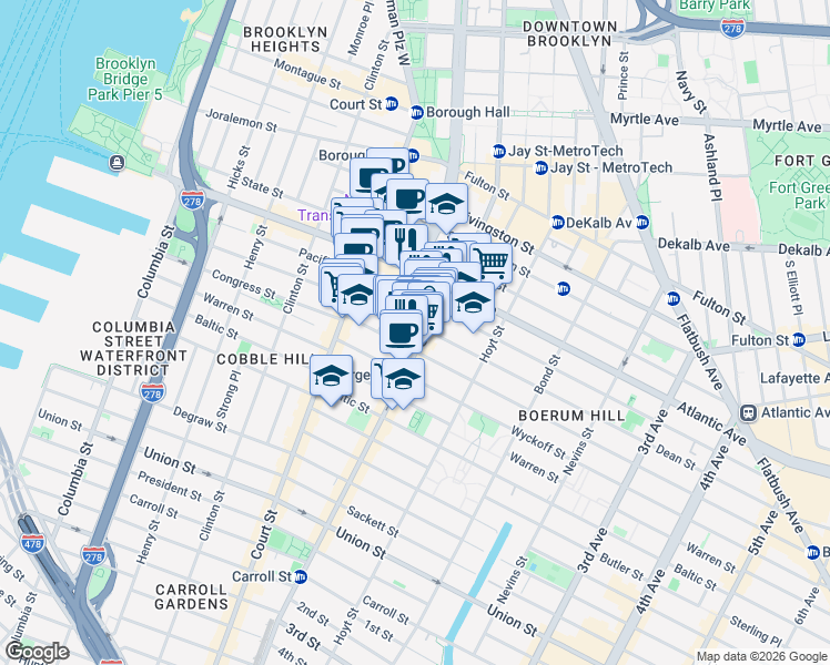 map of restaurants, bars, coffee shops, grocery stores, and more near 66 Dean Street in Brooklyn
