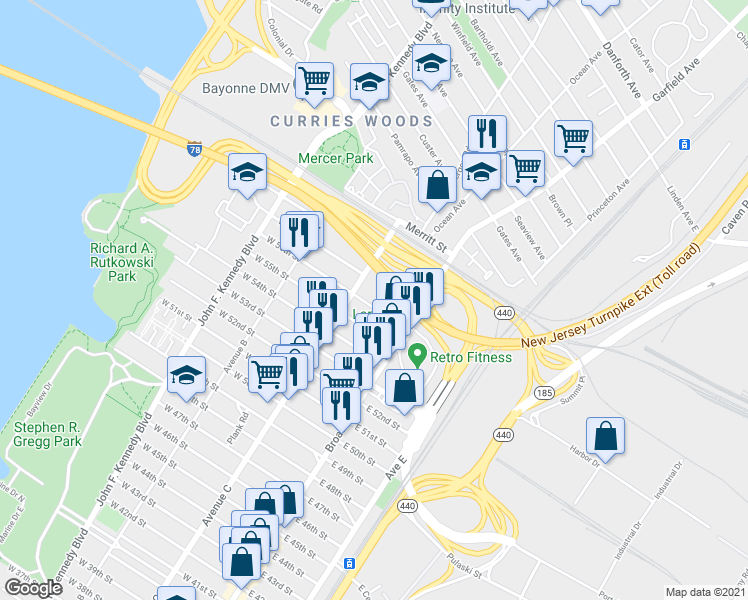 map of restaurants, bars, coffee shops, grocery stores, and more near 37 West 56th Street in Bayonne