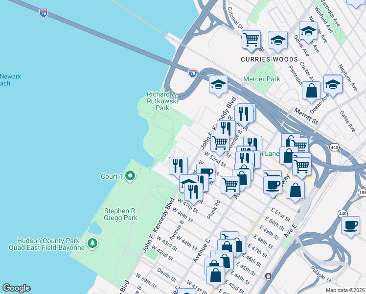 map of restaurants, bars, coffee shops, grocery stores, and more near 166 West 52nd Street in Bayonne