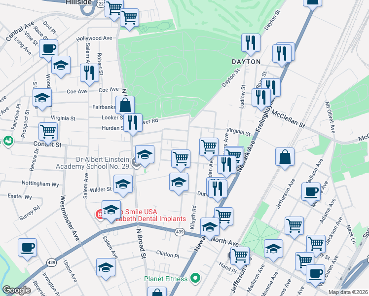 map of restaurants, bars, coffee shops, grocery stores, and more near 1029 Cross Avenue in Elizabeth