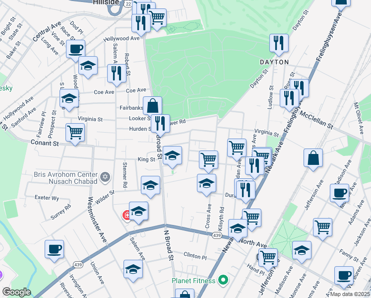 map of restaurants, bars, coffee shops, grocery stores, and more near 1404 Concord Place in Elizabeth