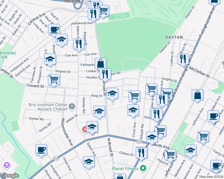 map of restaurants, bars, coffee shops, grocery stores, and more near 1441 Concord Place in Elizabeth