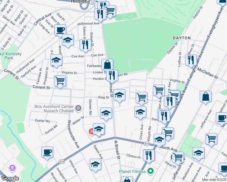 map of restaurants, bars, coffee shops, grocery stores, and more near 1441 Concord Place in Elizabeth