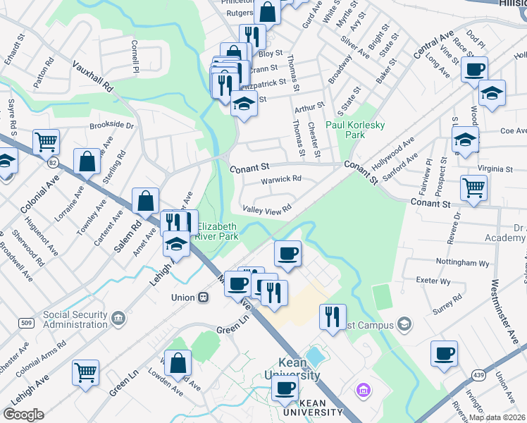 map of restaurants, bars, coffee shops, grocery stores, and more near 134 Valley View Road in Hillside
