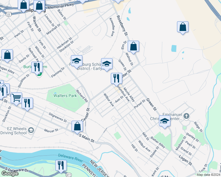map of restaurants, bars, coffee shops, grocery stores, and more near 381 Center Street in Phillipsburg