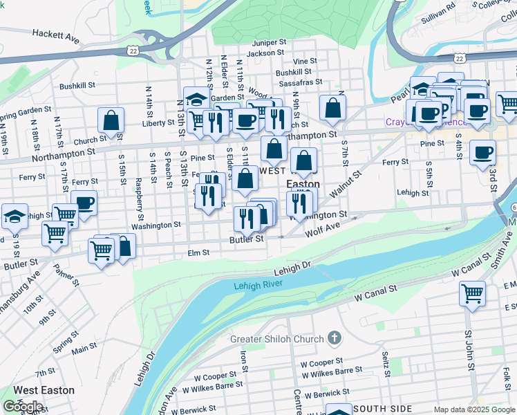map of restaurants, bars, coffee shops, grocery stores, and more near 1038 Lehigh Street in Easton