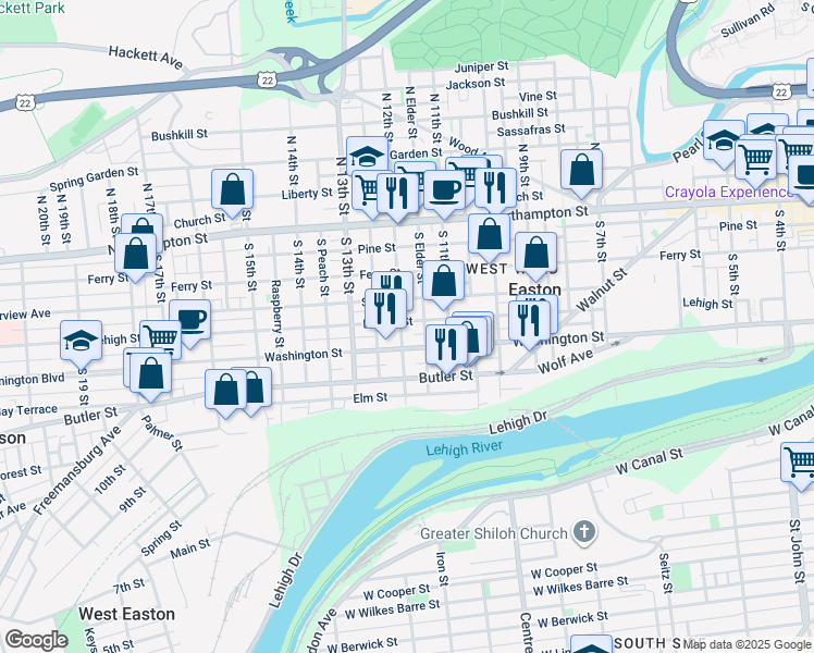 map of restaurants, bars, coffee shops, grocery stores, and more near 1215 Lehigh Street in Easton