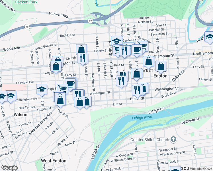 map of restaurants, bars, coffee shops, grocery stores, and more near 1343 Lehigh Street in Easton